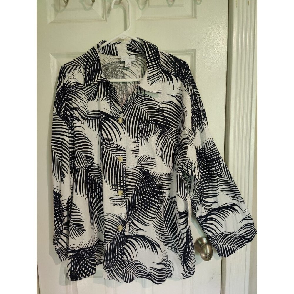 Liz Claiborne White & Black Linen Blend Button Up Long Sleeve Top Palm Print XL